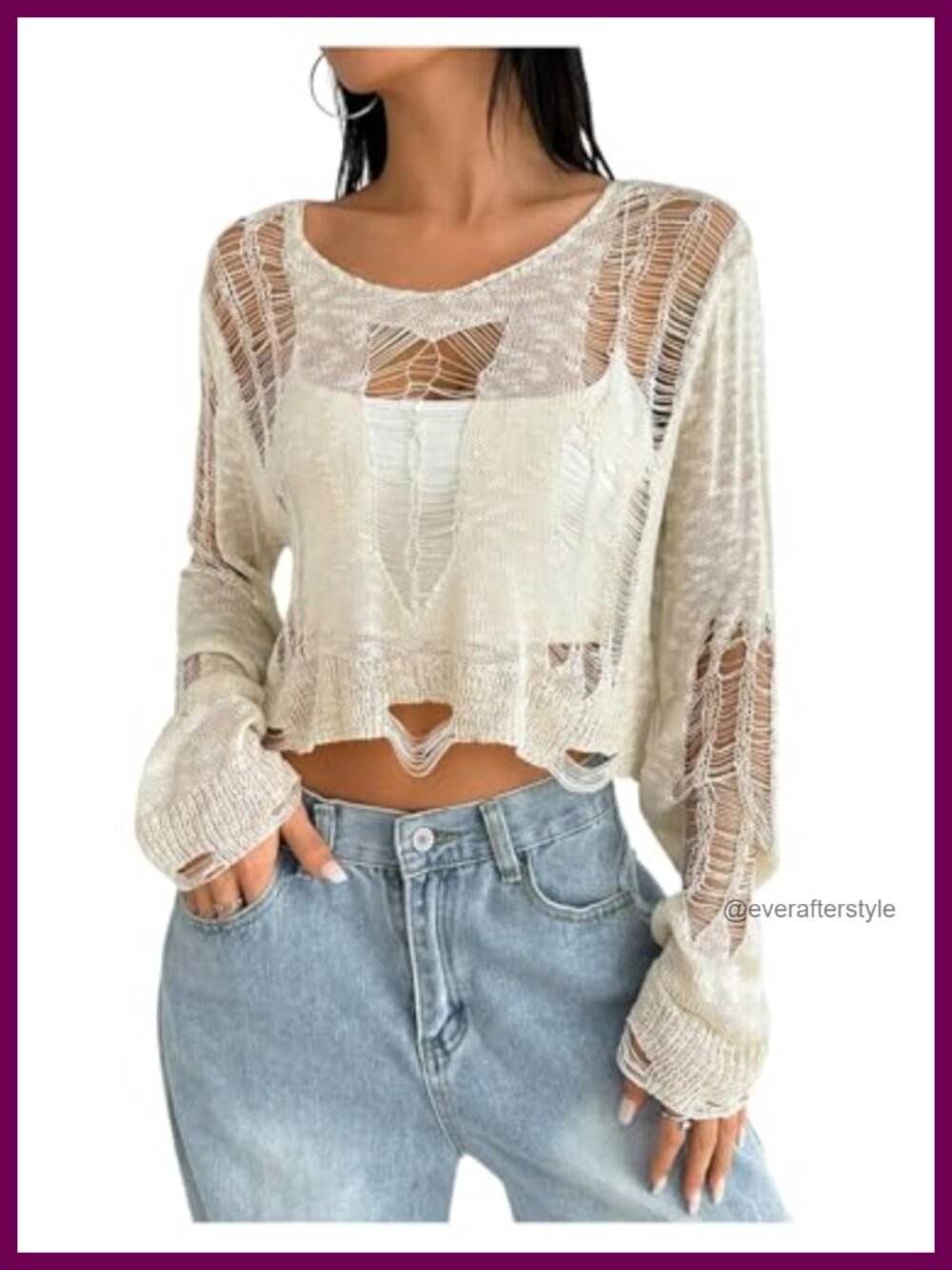 Y2K Sheer Ripped Distressed Long Sleeve Crop Top Shrug Cover Up Sweater